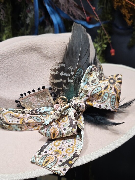 OOAK Blush Wide-Brim Fedora Hat with Paisley Scarf Detail & Accents main image 5